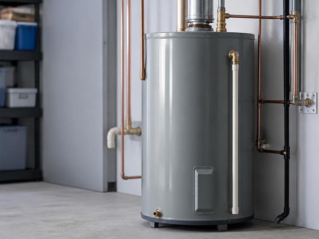 Residential water heater and copper plumbing in a clean utility space